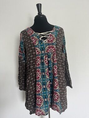 Umgee Boho Lace-Up Mixed Print Tunic Top
